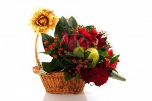 Basket With Red Bouquet Of Christmas Flowers