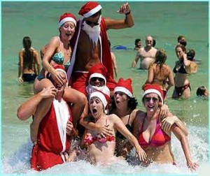 Australians celebrating Christmas at the beach.