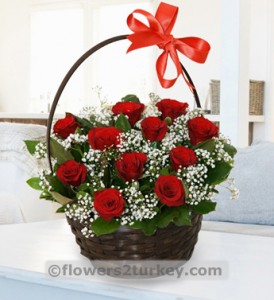 Flower Basket with Red Roses