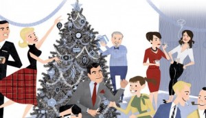 cartoon with christmas tree celebrating