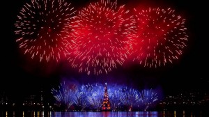 Fireworks explode, Christmas tree