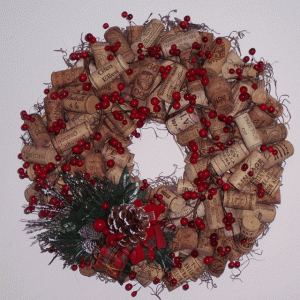 christmas wine cork wreath with dried floral accents