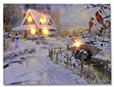 LED Canvas Art Print Wall Decoration - Village Cottages Along a Stream Christmas Scene with Cardinals and Snowman - Old Fashioned Cobblestone Bridge - 12x16 Inch by Banberry Designs
