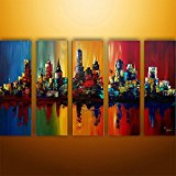 Ode-Rin Art Christmas Gift Hand Painted Oil Paintings Gift Colorful City 5 Panels Wood Inside Framed Hanging Wall Decoration